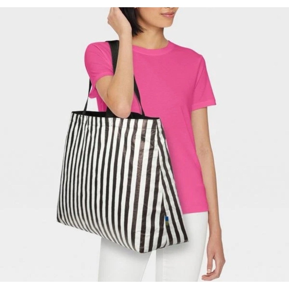 Open Story Water Resistant‎ Reversible Tote Bag Black White Stripe NWT
